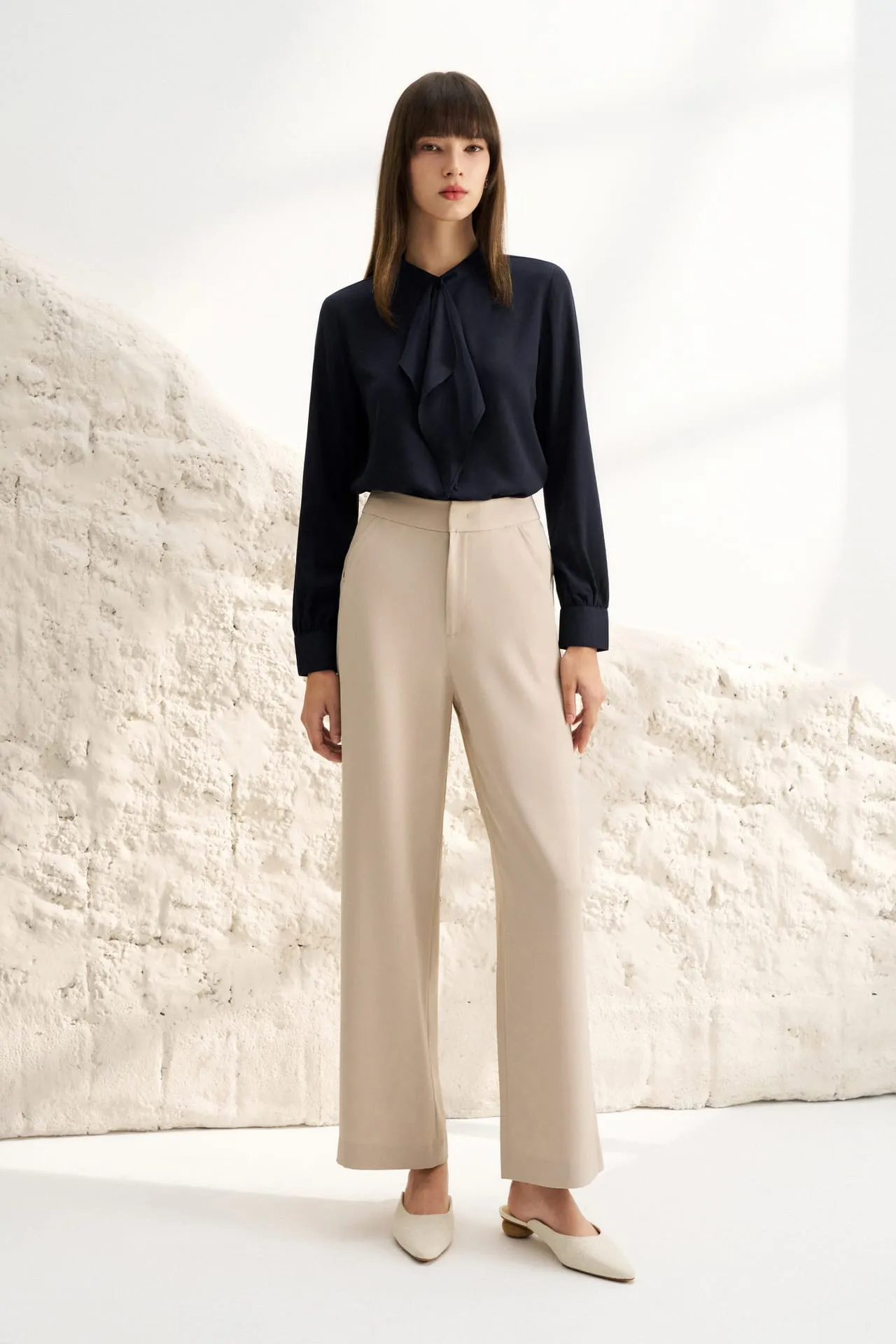 Crepe Stand Collar Tie Front Blouse