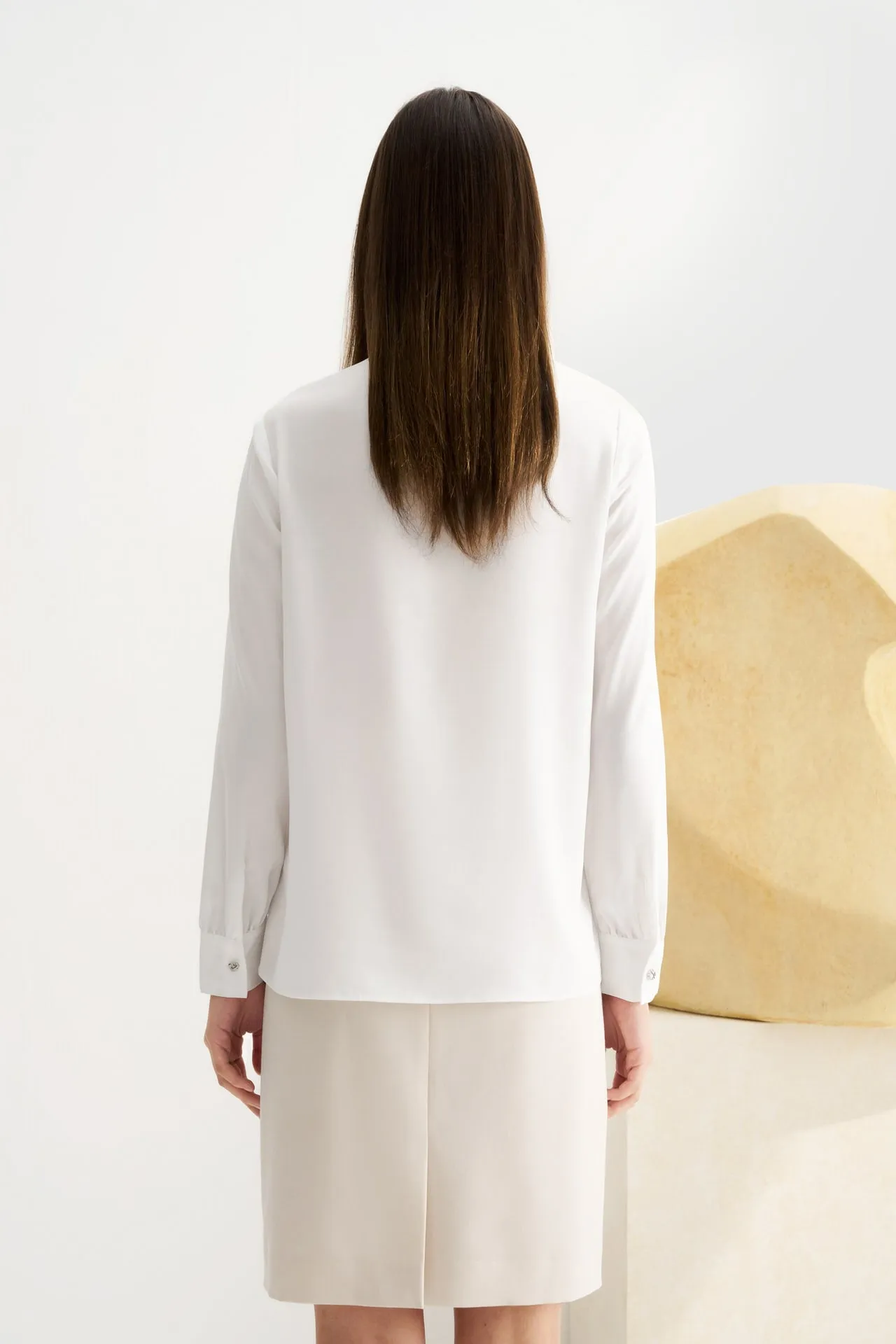 Crepe Stand Collar Tie Front Blouse