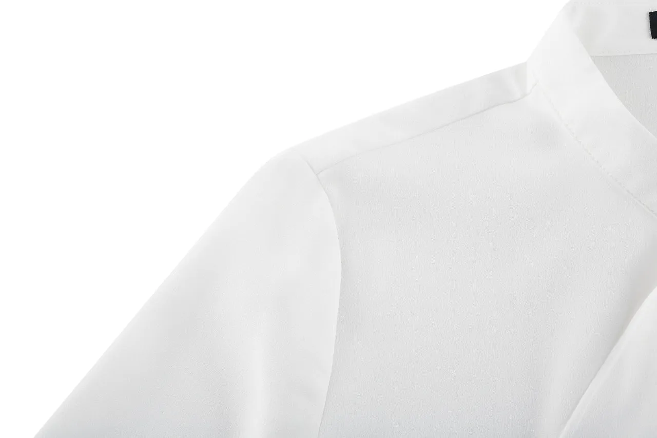 Crepe Stand Collar Tie Front Blouse