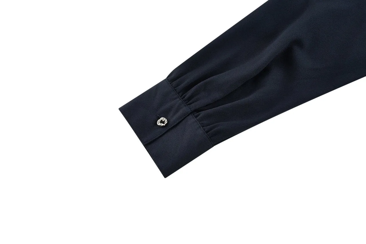 Crepe Stand Collar Tie Front Blouse