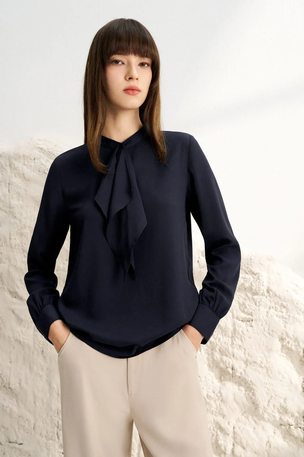 Crepe Stand Collar Tie Front Blouse