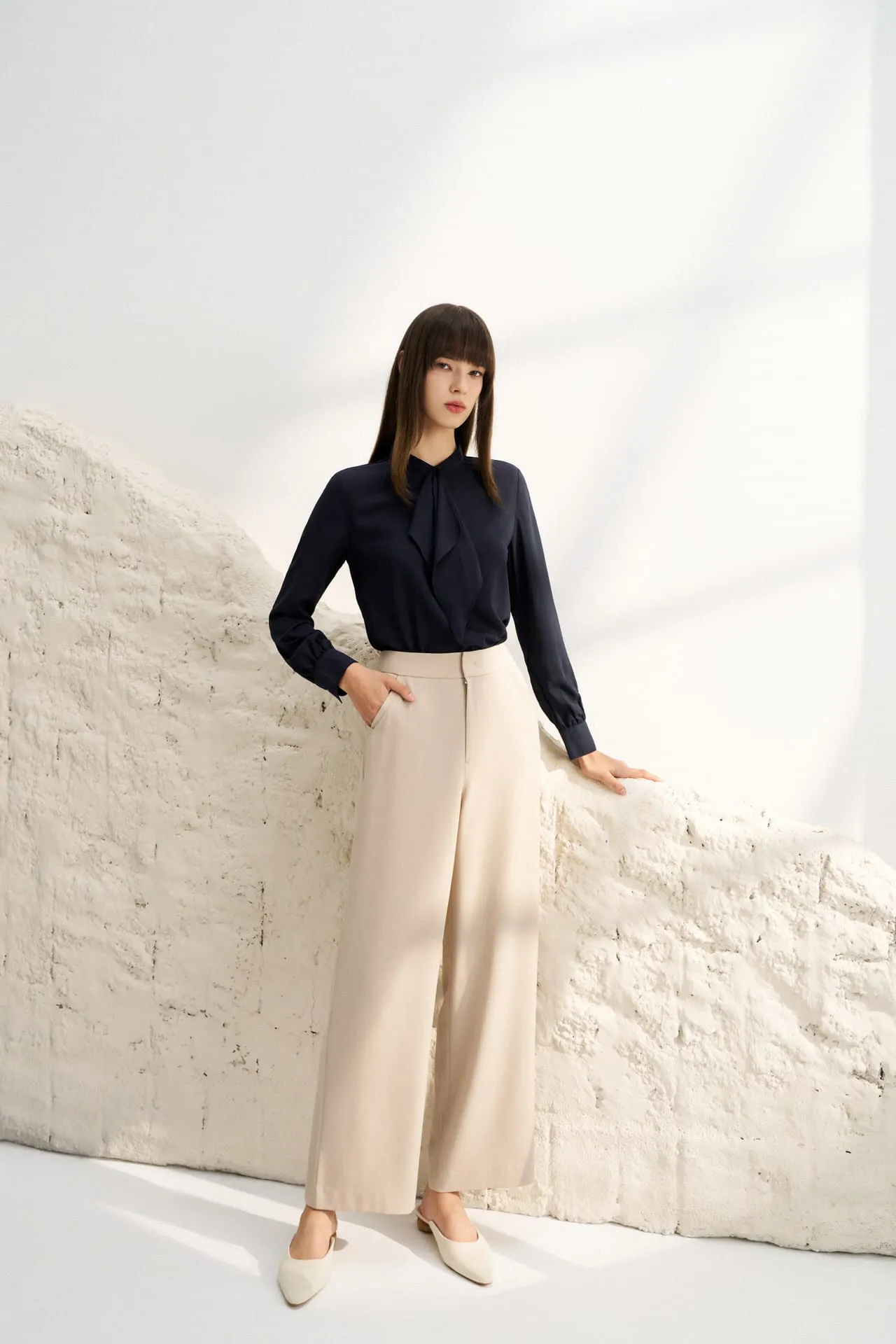 Crepe Stand Collar Tie Front Blouse