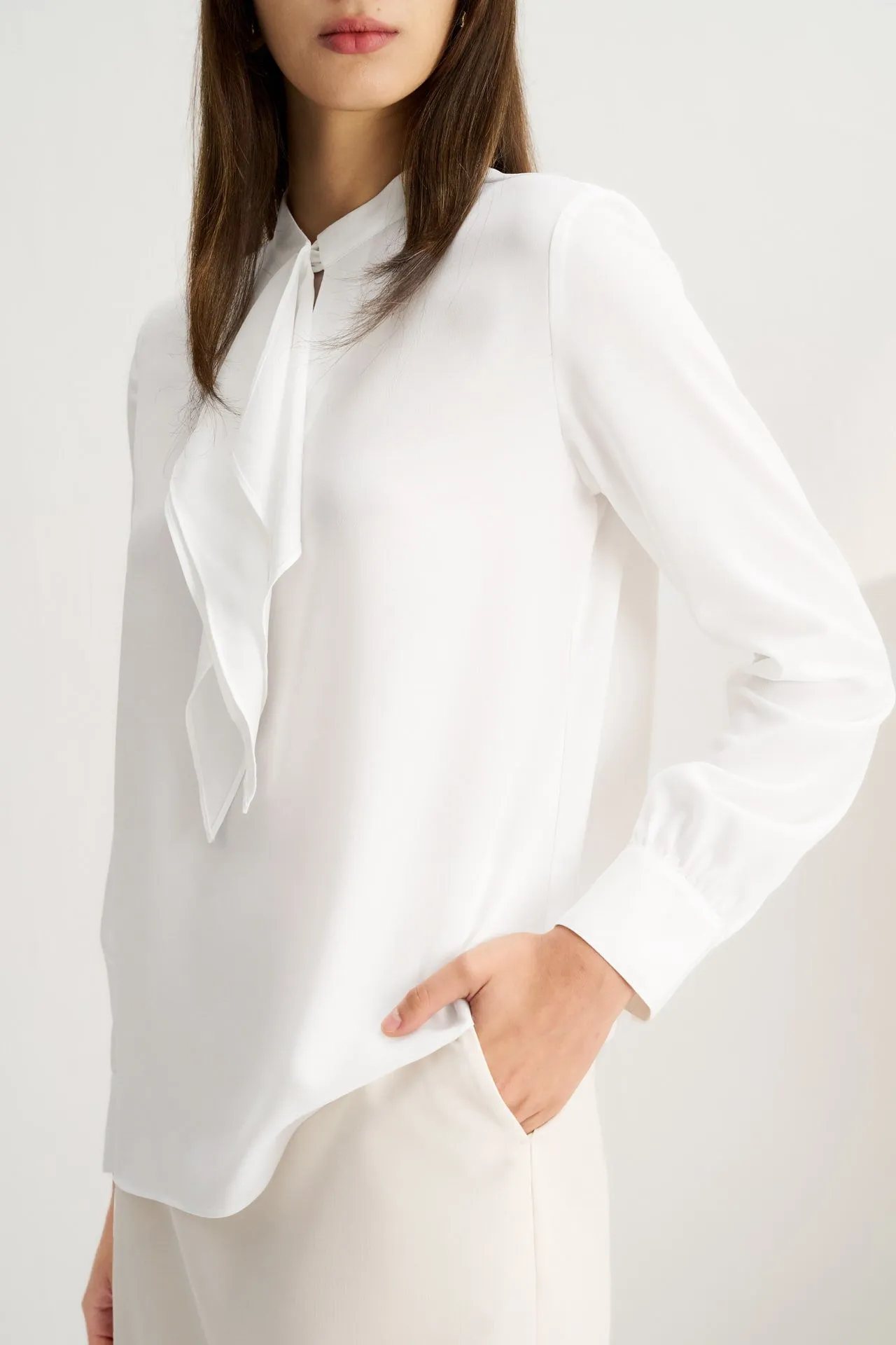 Crepe Stand Collar Tie Front Blouse