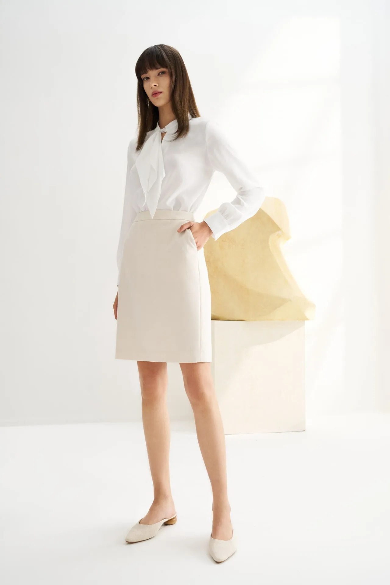 Crepe Stand Collar Tie Front Blouse