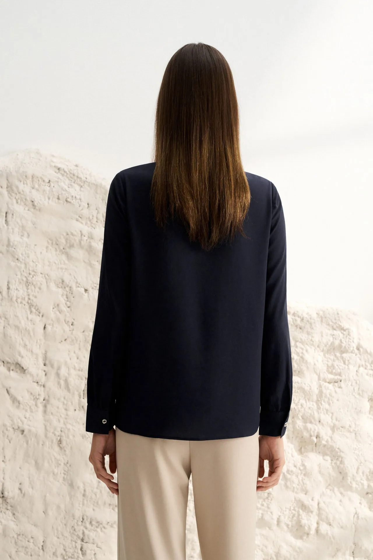 Crepe Stand Collar Tie Front Blouse
