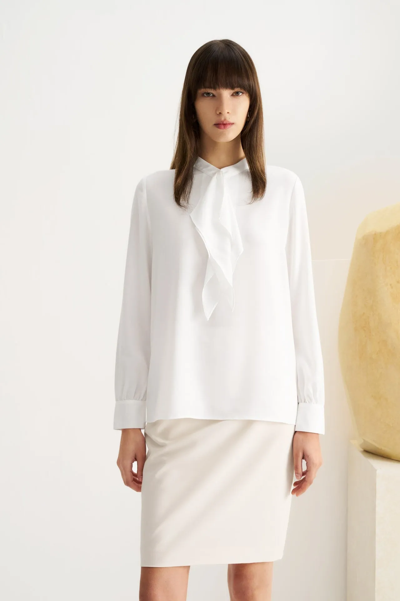 Crepe Stand Collar Tie Front Blouse