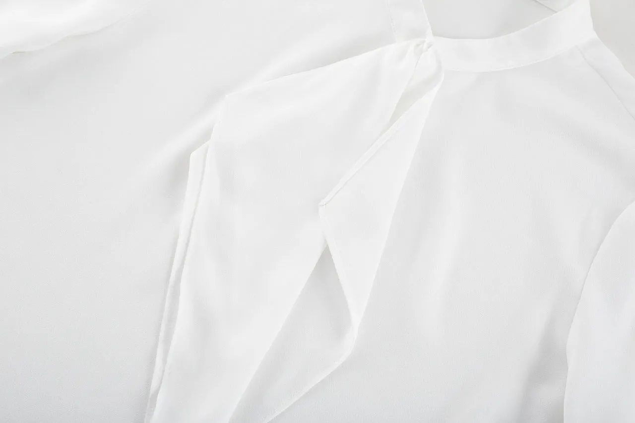 Crepe Stand Collar Tie Front Blouse