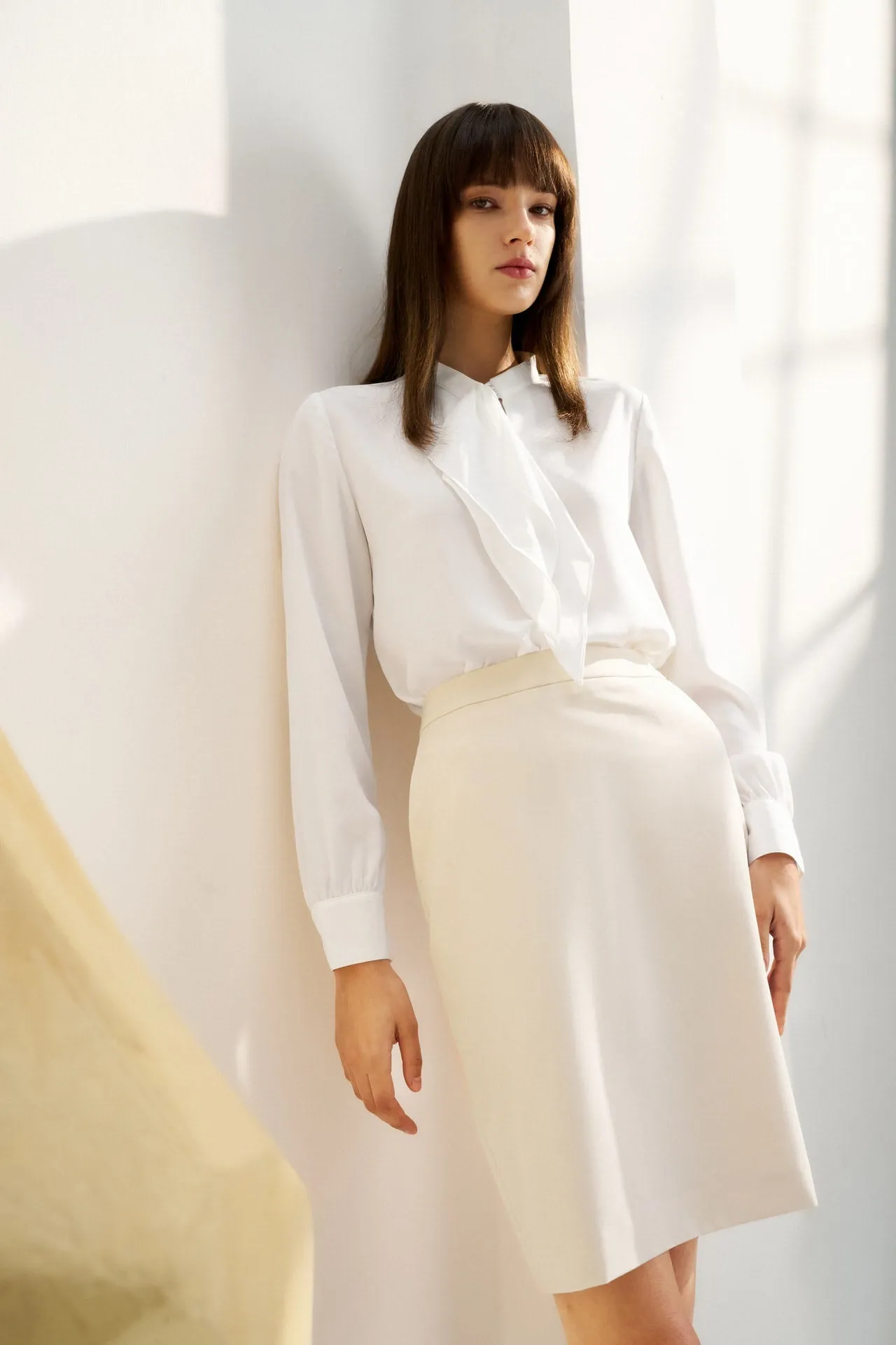 Crepe Stand Collar Tie Front Blouse