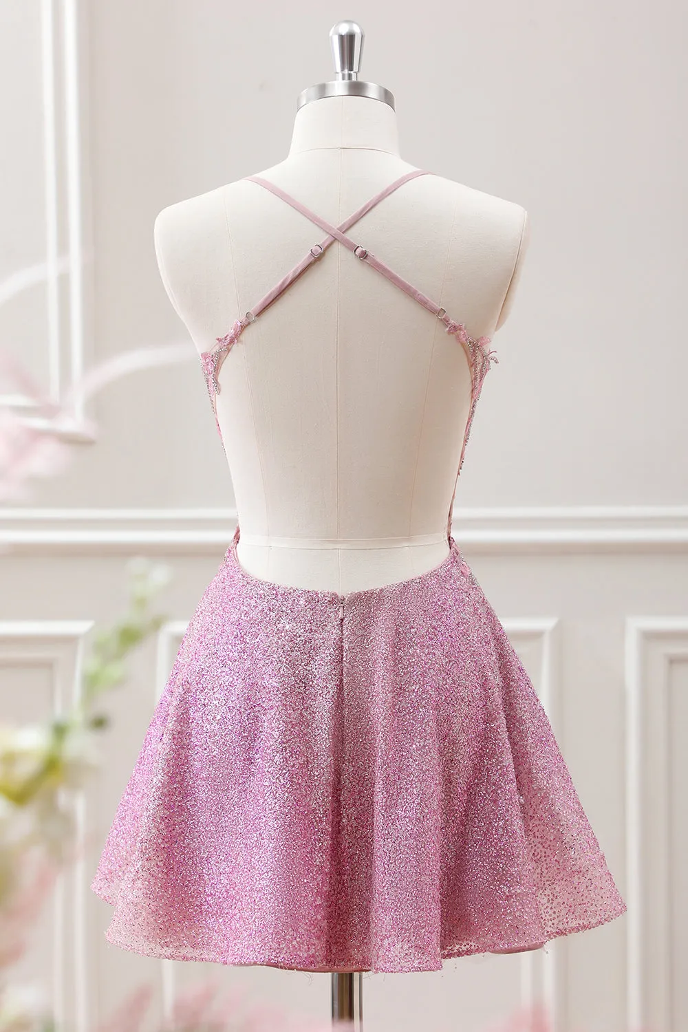 Cute A Line Light Pink Beaded Corset Floral Appliques Mini Dress