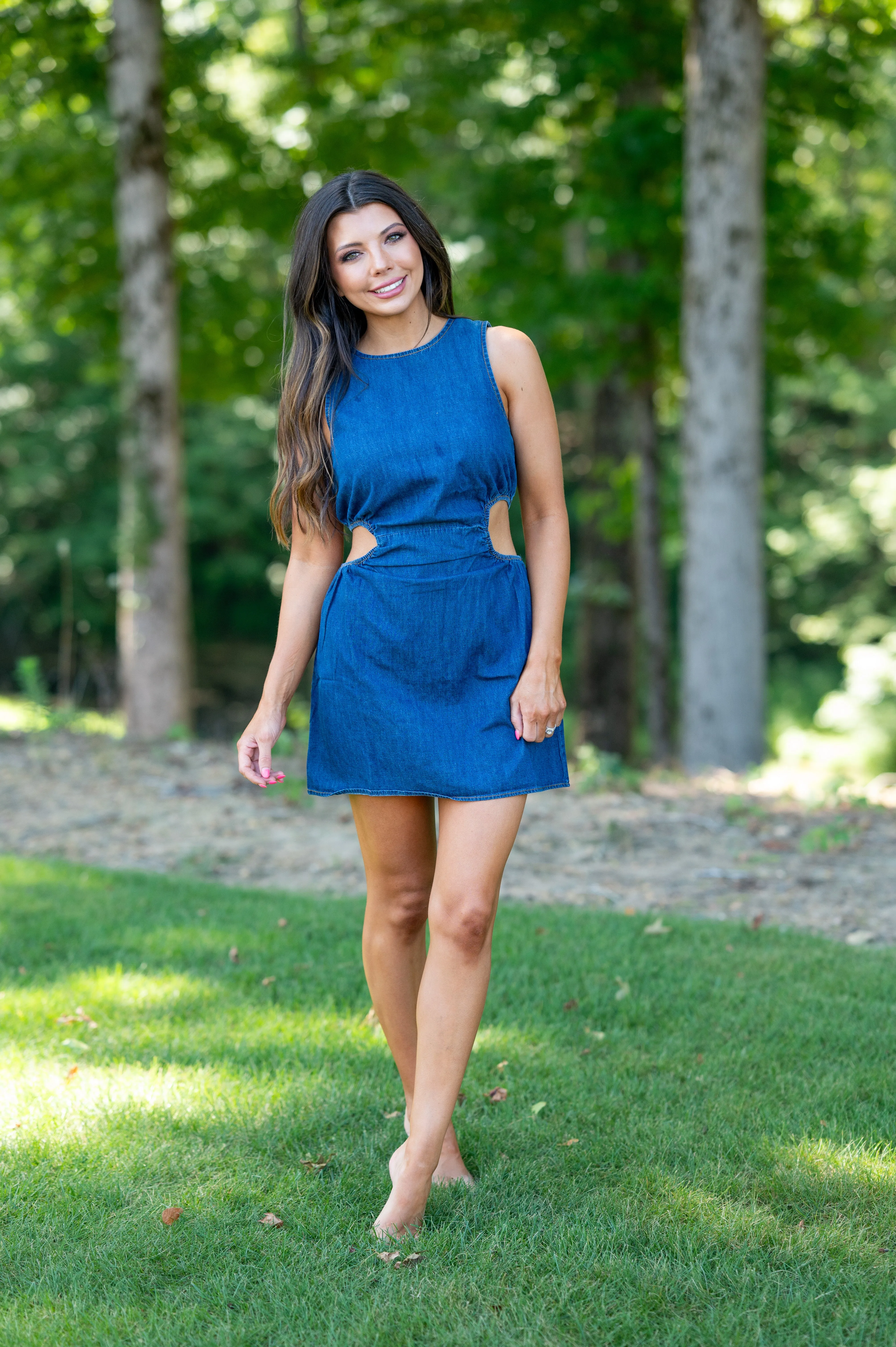 Denim Cut Out Mini Dress-Medium Wash