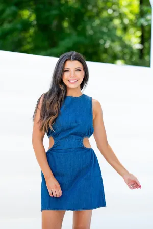 Denim Cut Out Mini Dress-Medium Wash