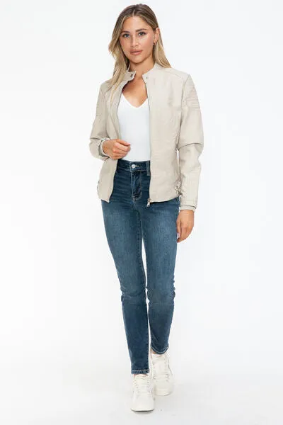 Faux Leather Biker Jacket with Side Zip Pockets