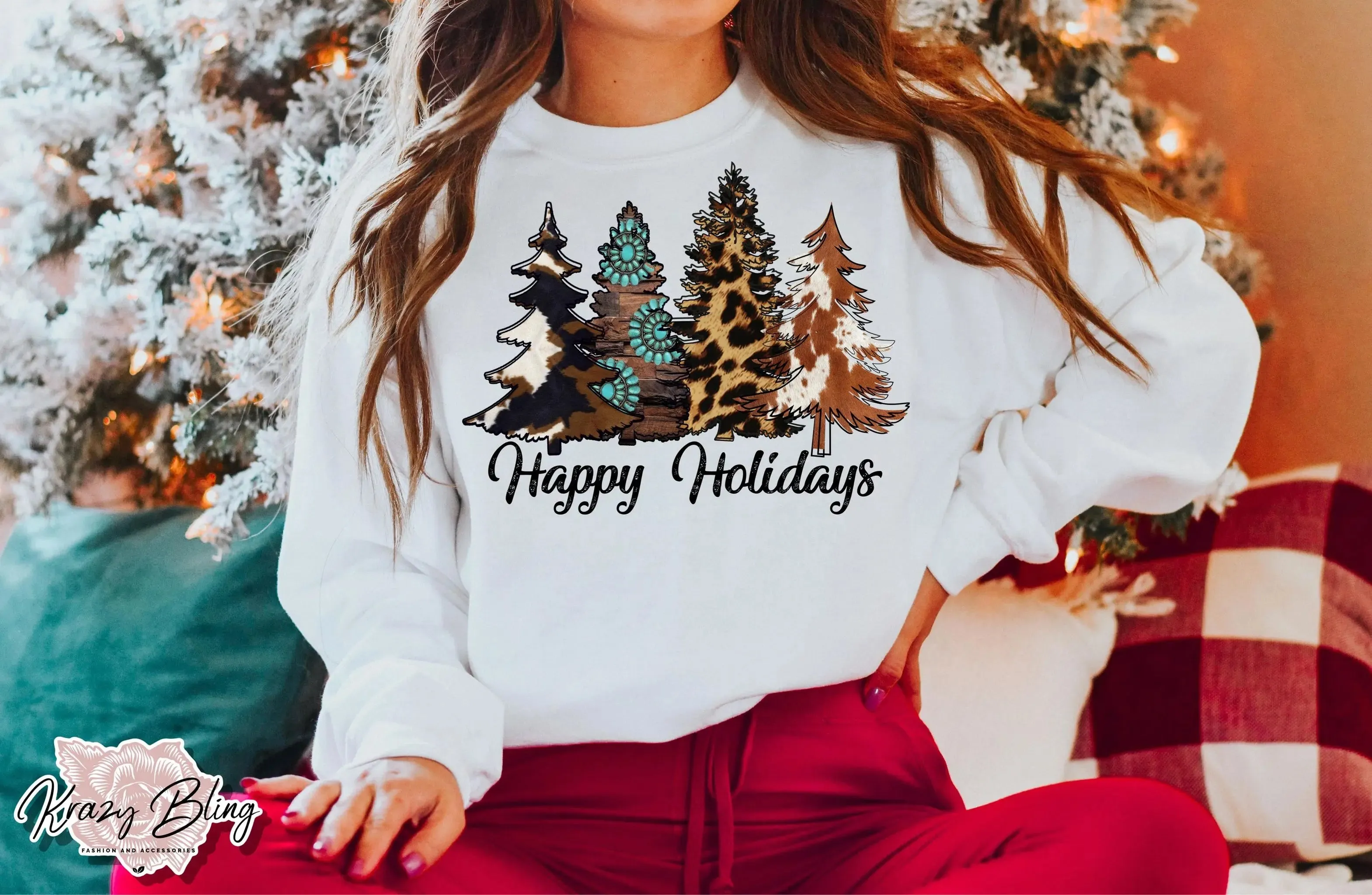 Happy Holidays Western Christmas Trees Sweater