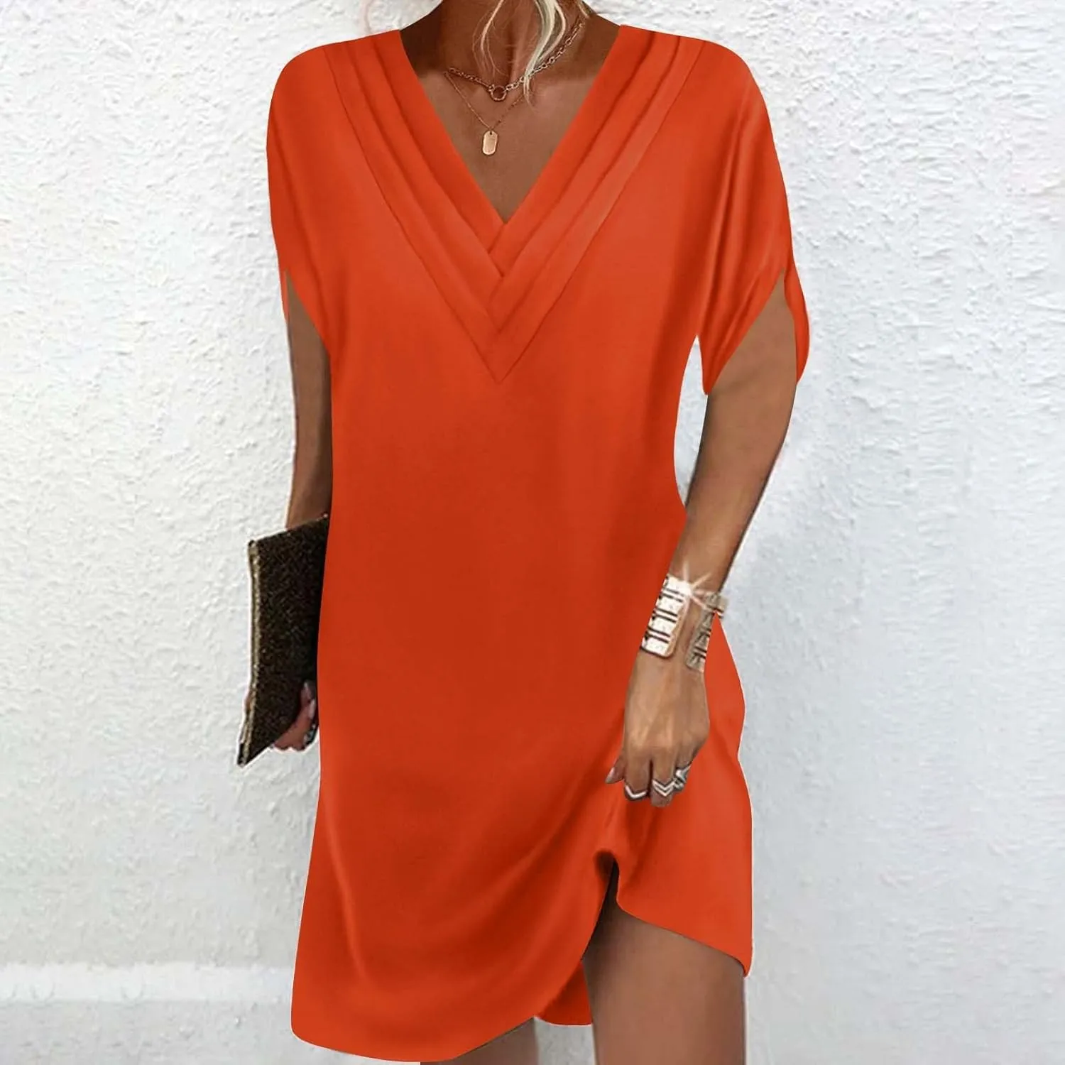 hlysgo Womens Summer Dress Casual Loose Fit Short Sleeve V Neck Mini Dress Cute Knee Length Lounge Dresses for Teen Girls