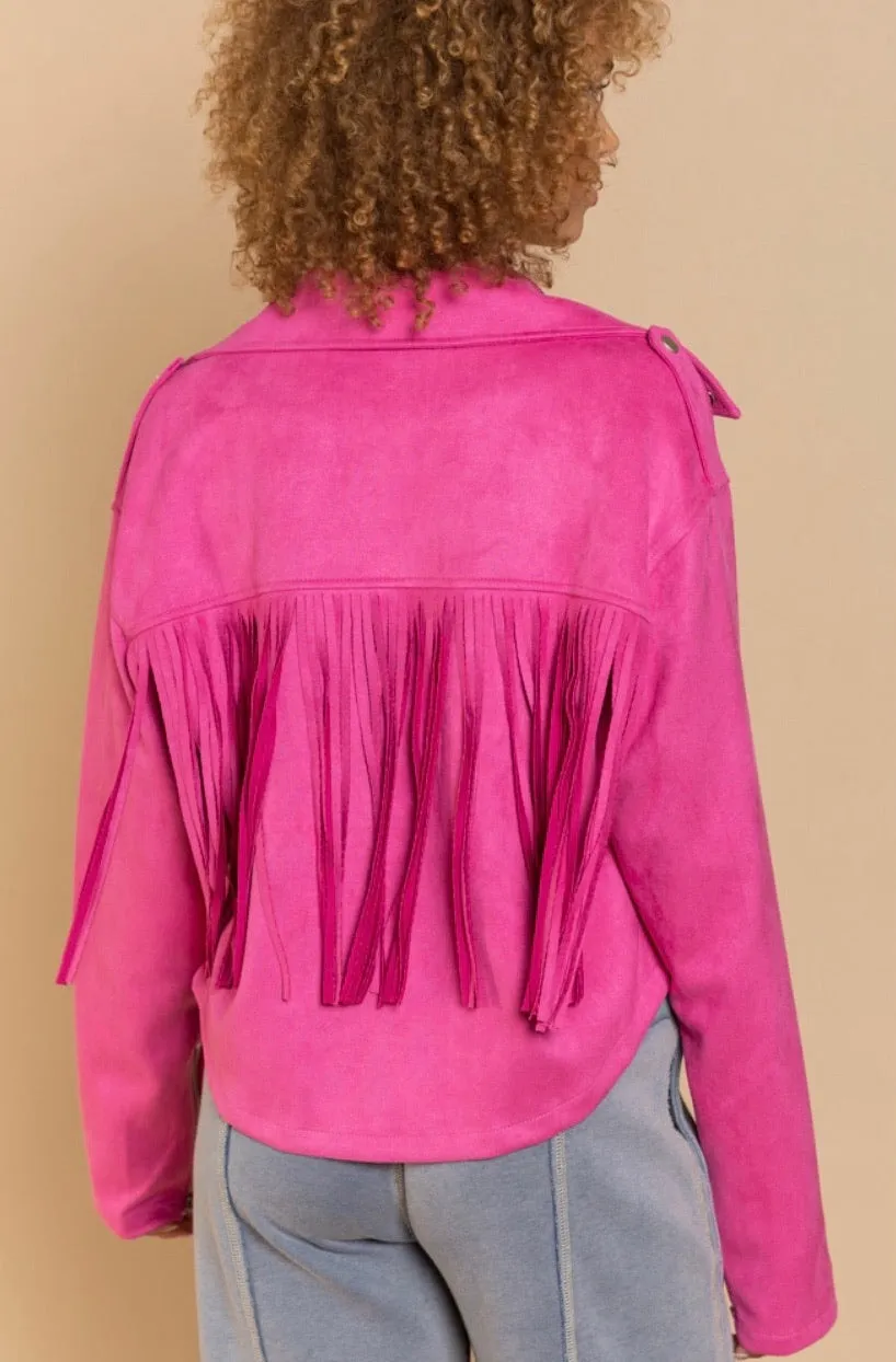 I’m A Babe Vegan Suede Moto Jacket with Fringe