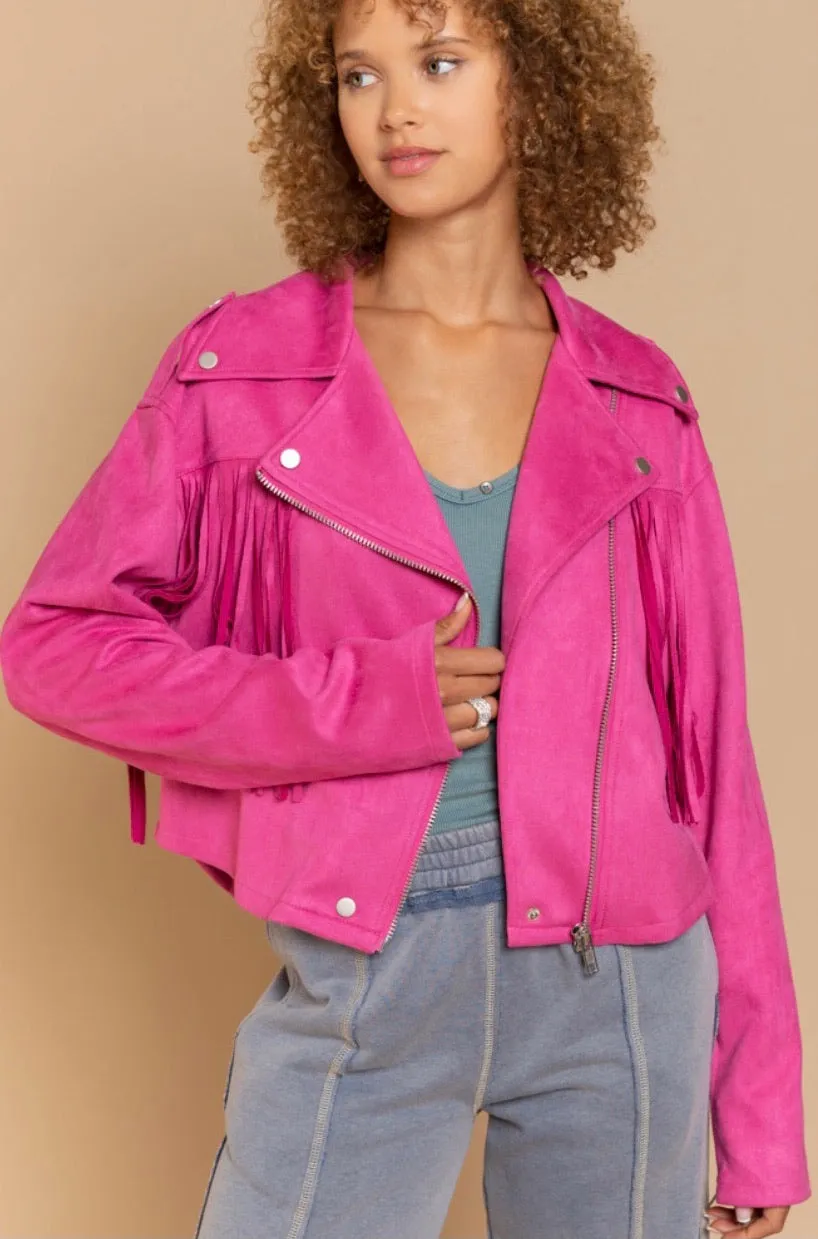 I’m A Babe Vegan Suede Moto Jacket with Fringe