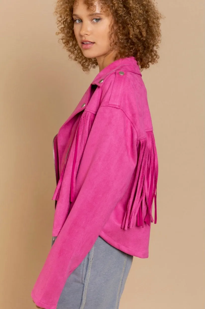 I’m A Babe Vegan Suede Moto Jacket with Fringe