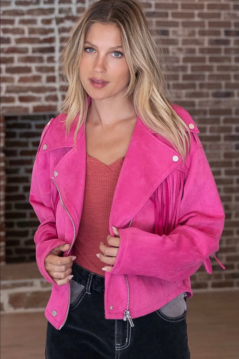 I’m A Babe Vegan Suede Moto Jacket with Fringe