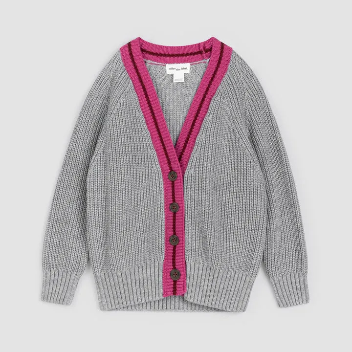 Knit Varsity Cardigan - Grey   Burgundy