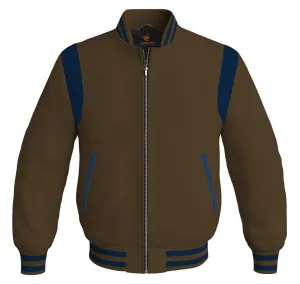 Letterman Baseball Bomber Retro Jacket Brown Body Navy Blue Leather Inserts