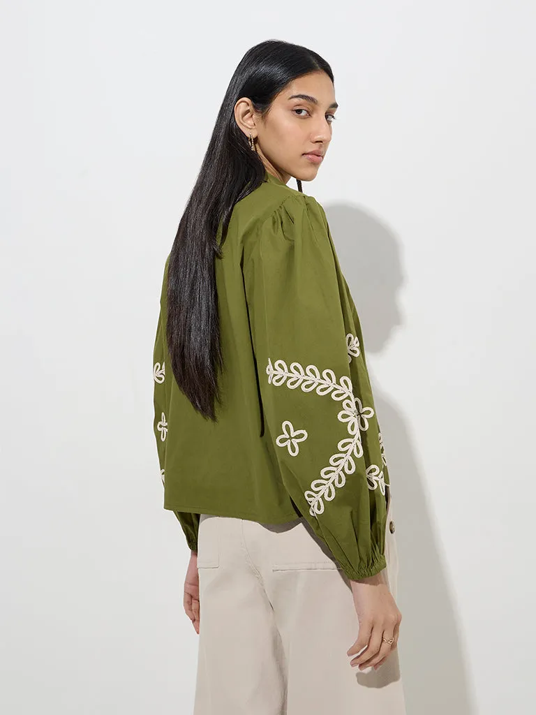 LOV Olive Leaf Embroidered Cotton Shirt