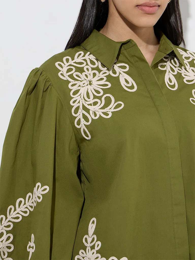 LOV Olive Leaf Embroidered Cotton Shirt