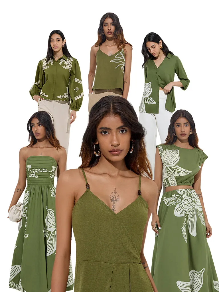 LOV Olive Leaf Embroidered Cotton Shirt