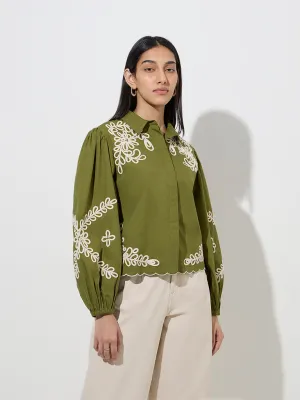 LOV Olive Leaf Embroidered Cotton Shirt