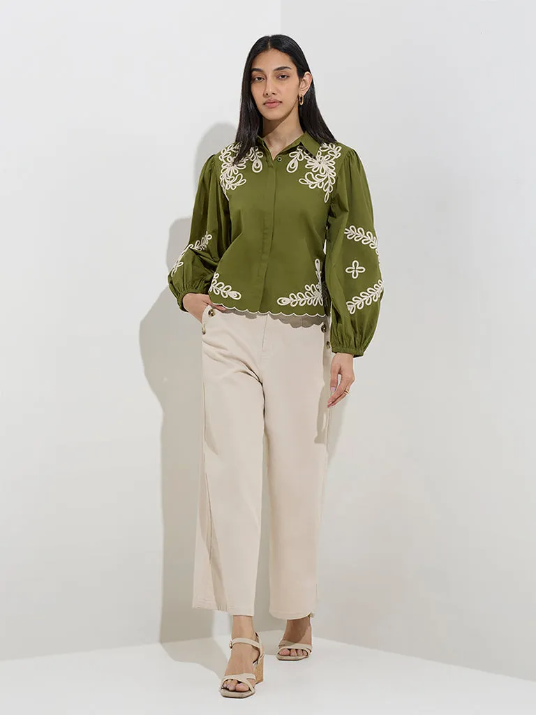 LOV Olive Leaf Embroidered Cotton Shirt