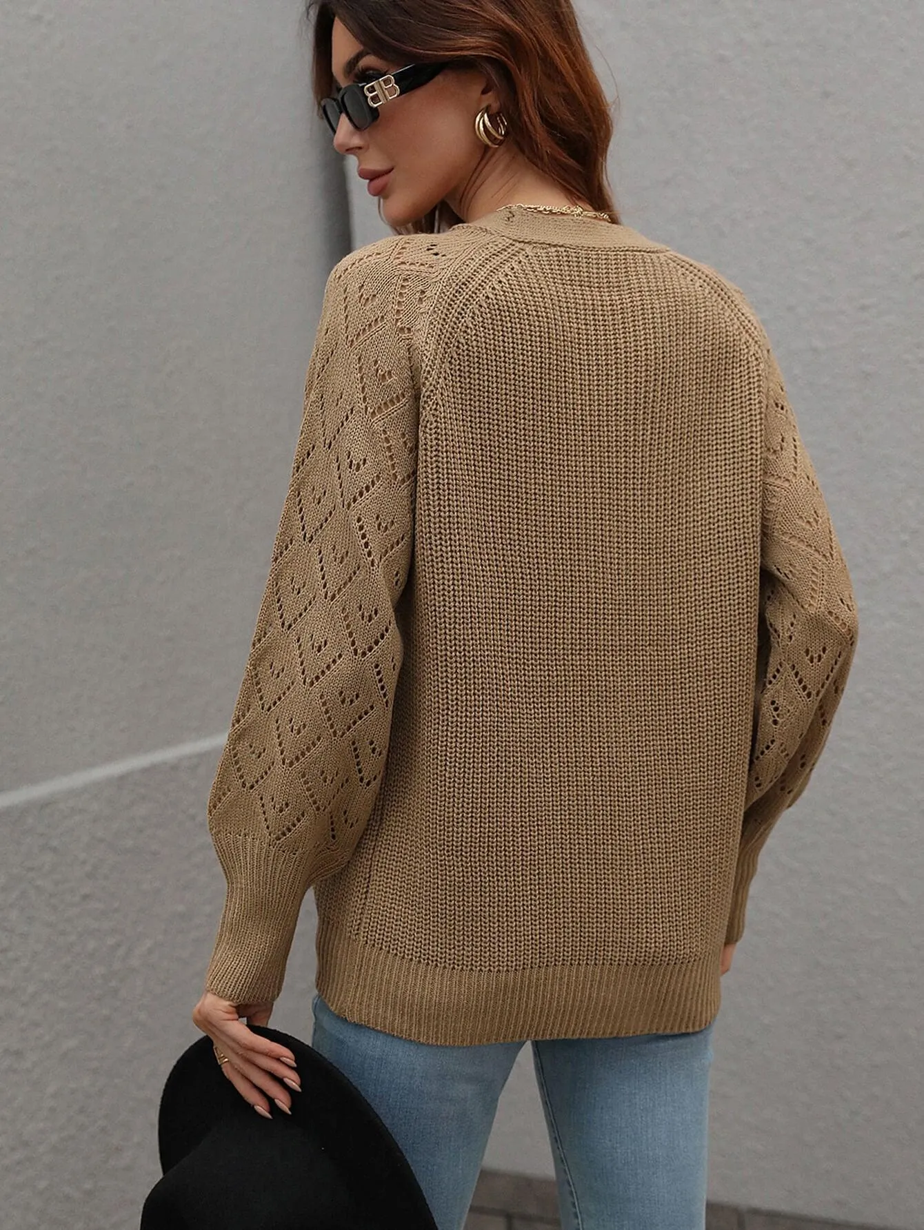 Openwork Plunge Raglan Sleeve Rib Knit Cardigan