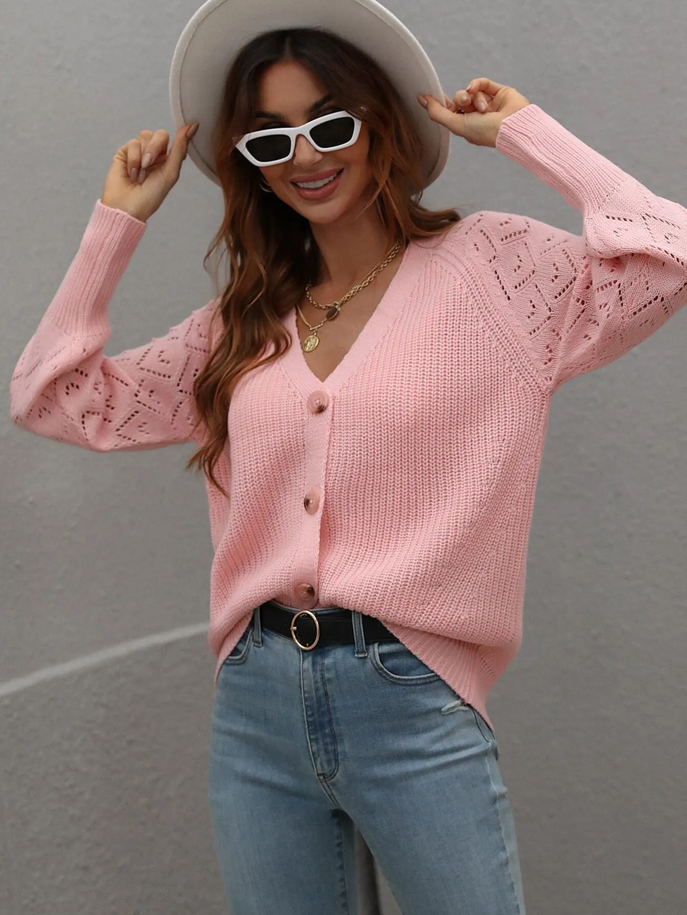Openwork Plunge Raglan Sleeve Rib Knit Cardigan