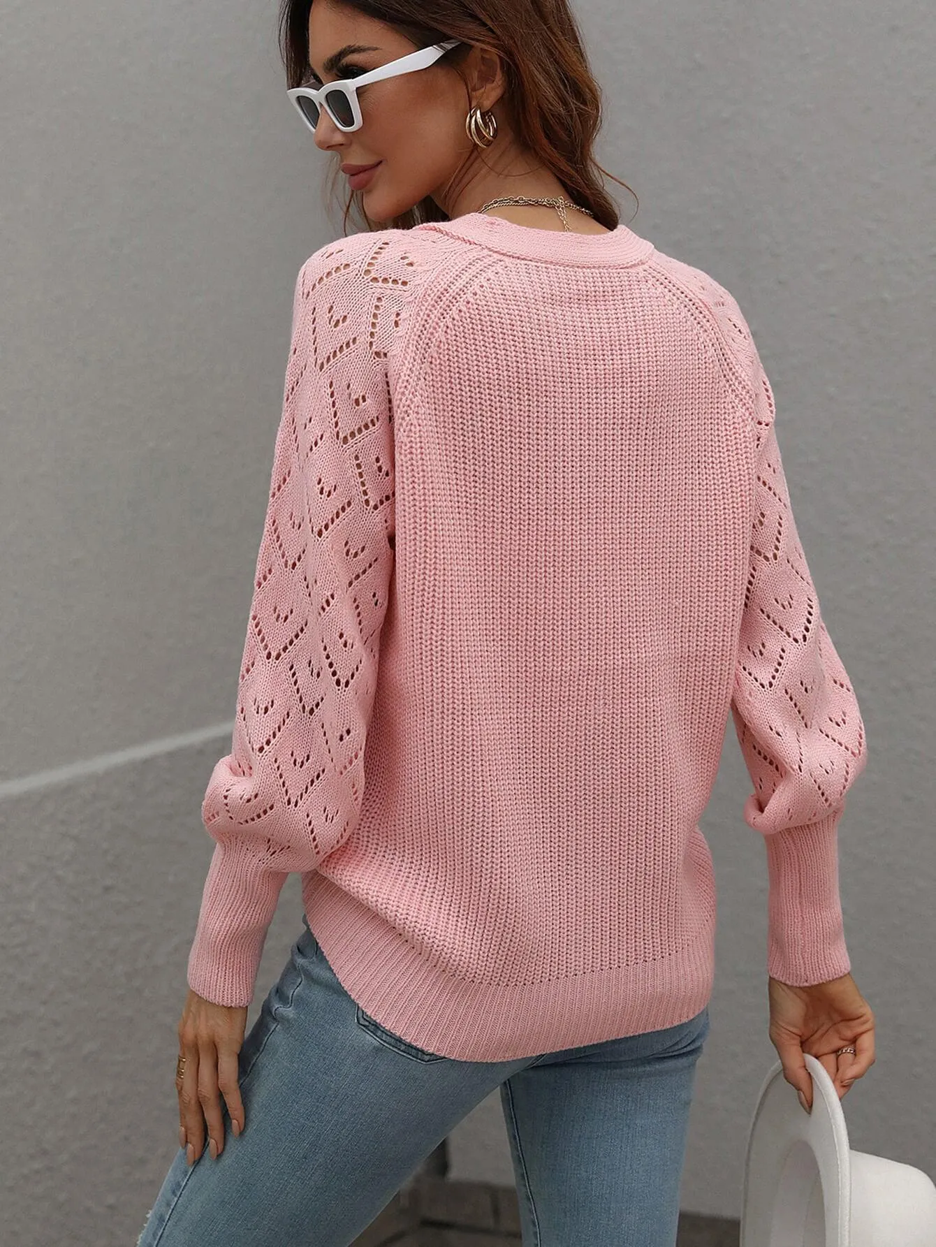 Openwork Plunge Raglan Sleeve Rib Knit Cardigan