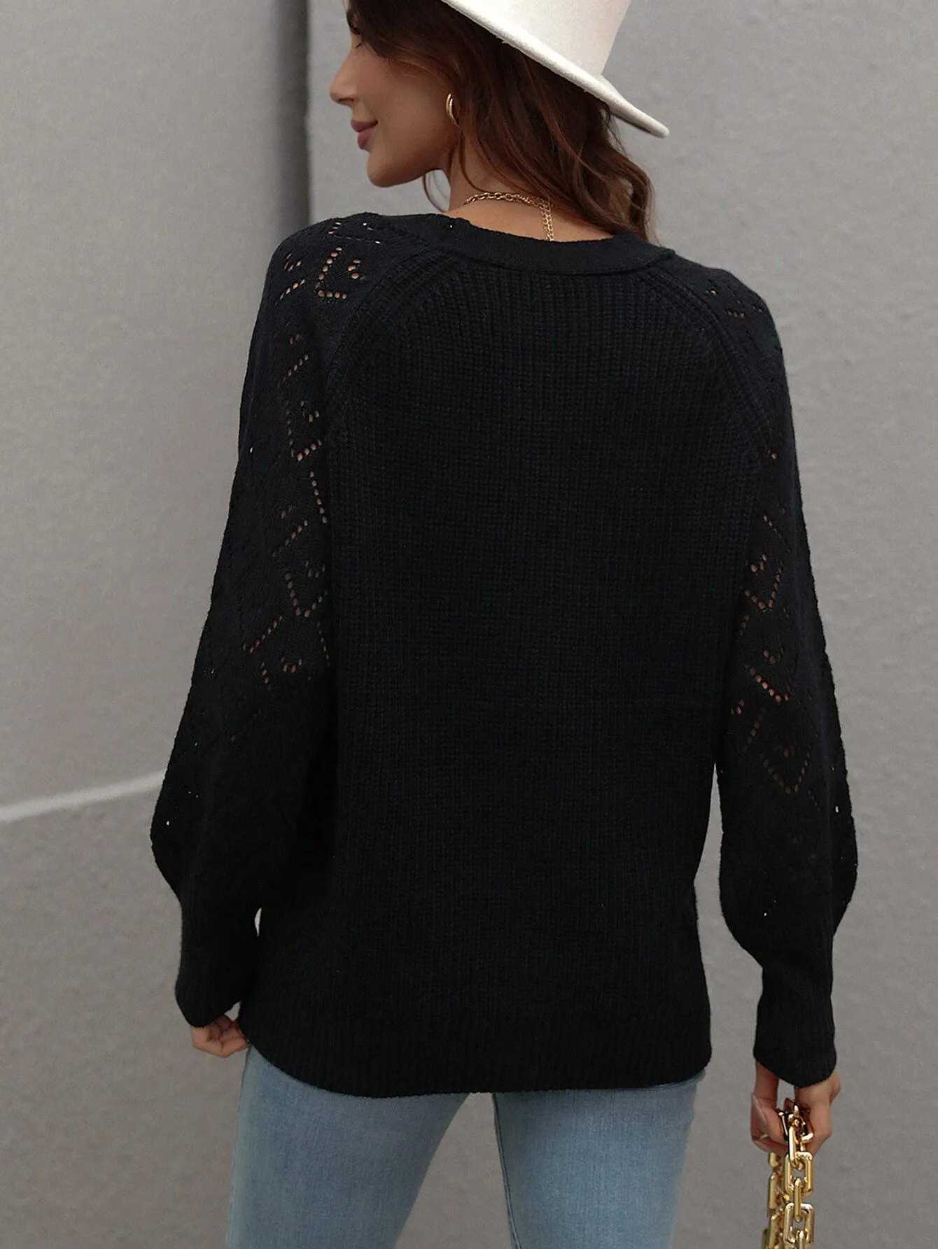 Openwork Plunge Raglan Sleeve Rib Knit Cardigan