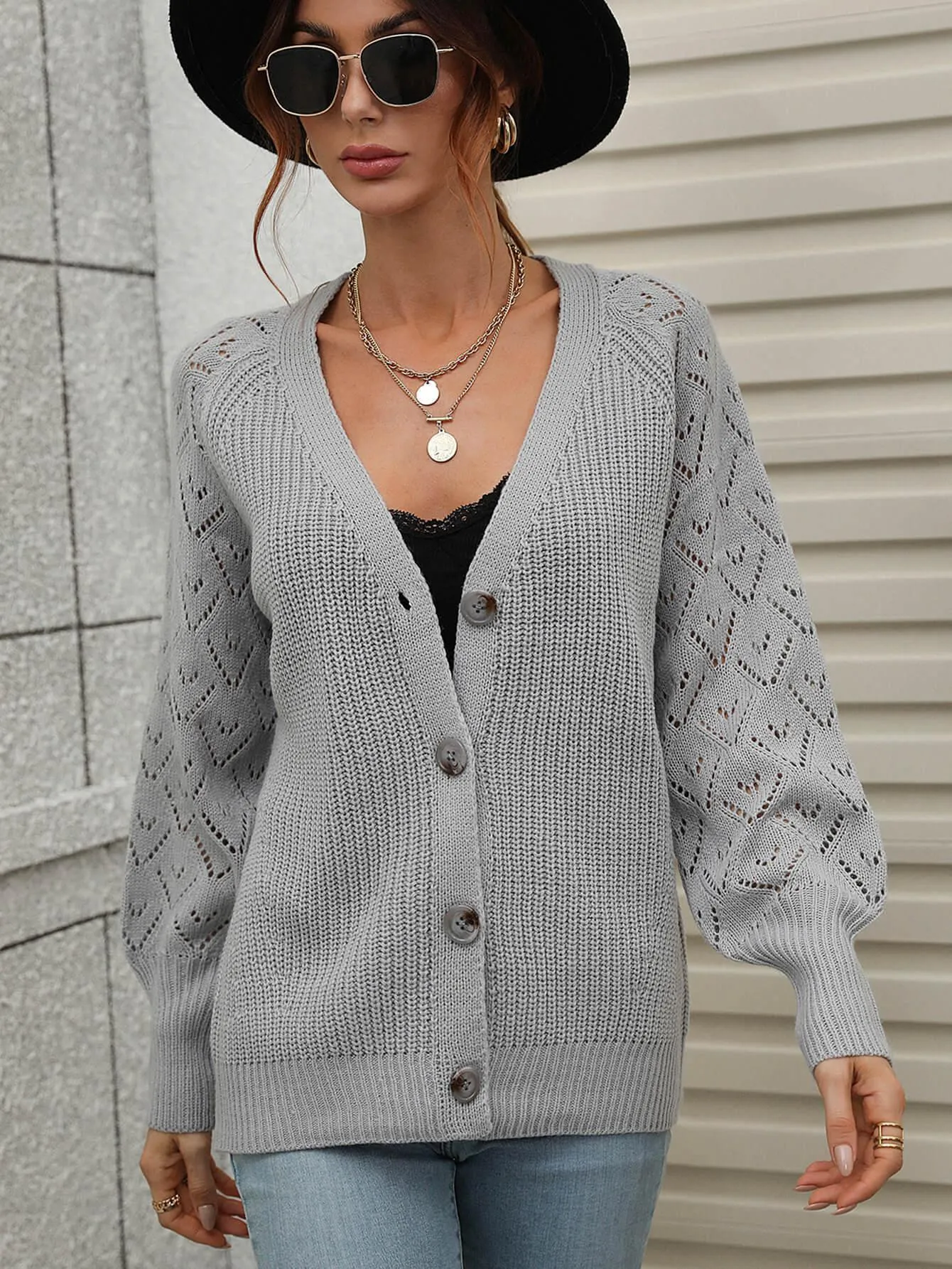 Openwork Plunge Raglan Sleeve Rib Knit Cardigan