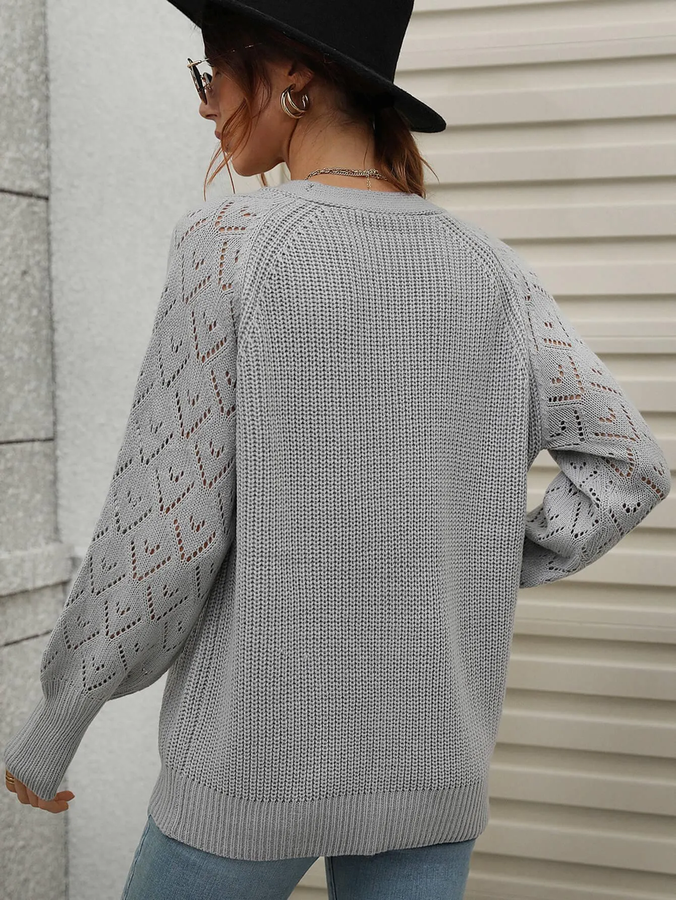 Openwork Plunge Raglan Sleeve Rib Knit Cardigan