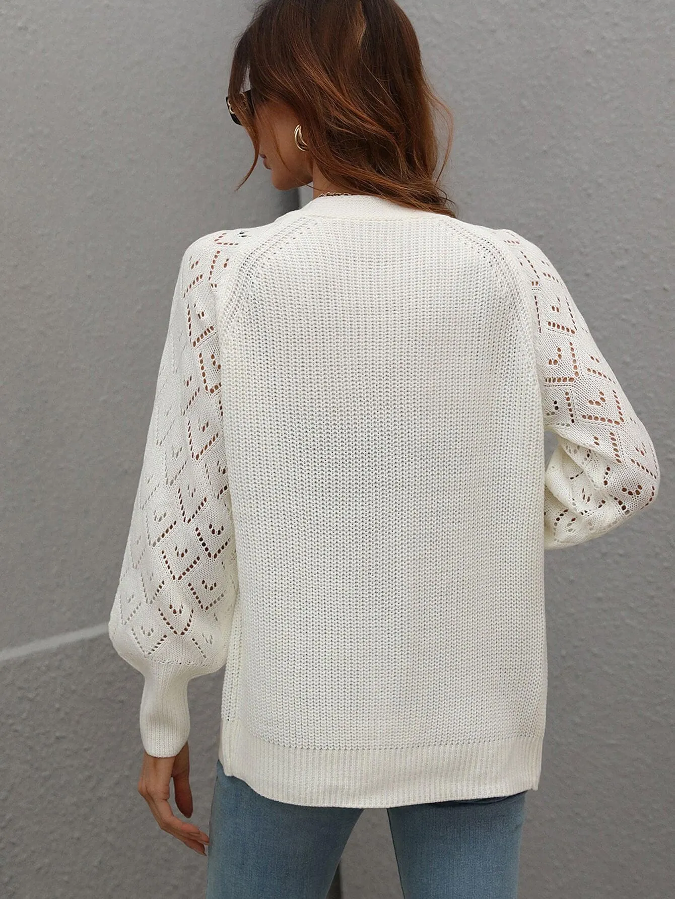 Openwork Plunge Raglan Sleeve Rib Knit Cardigan