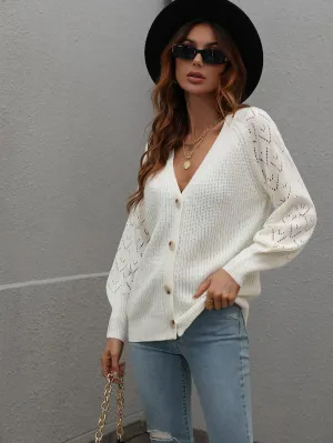 Openwork Plunge Raglan Sleeve Rib Knit Cardigan
