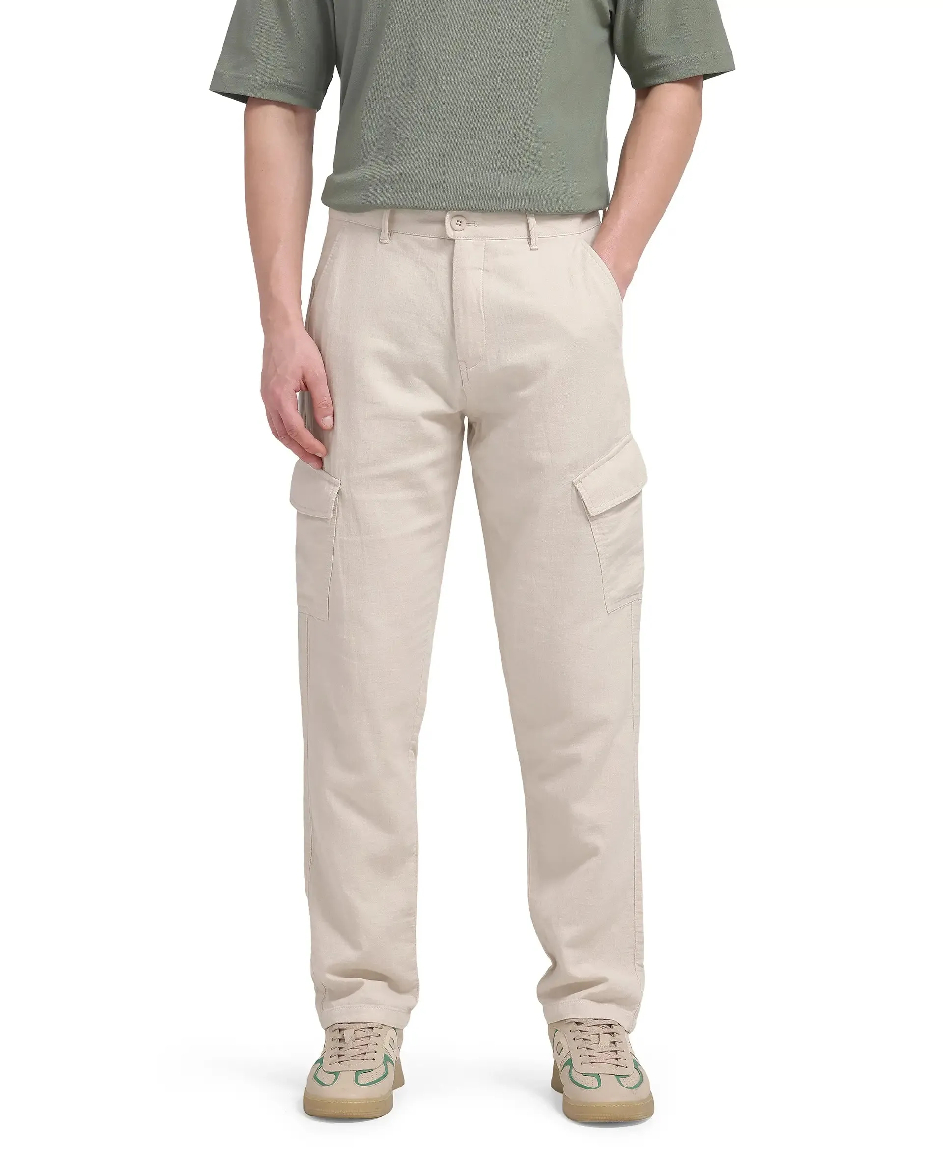 Rare Rabbit Men Presso-25 Beige Cotton Elastane Fabric Button And Zip Closure Relaxed Fit Plain Trouser