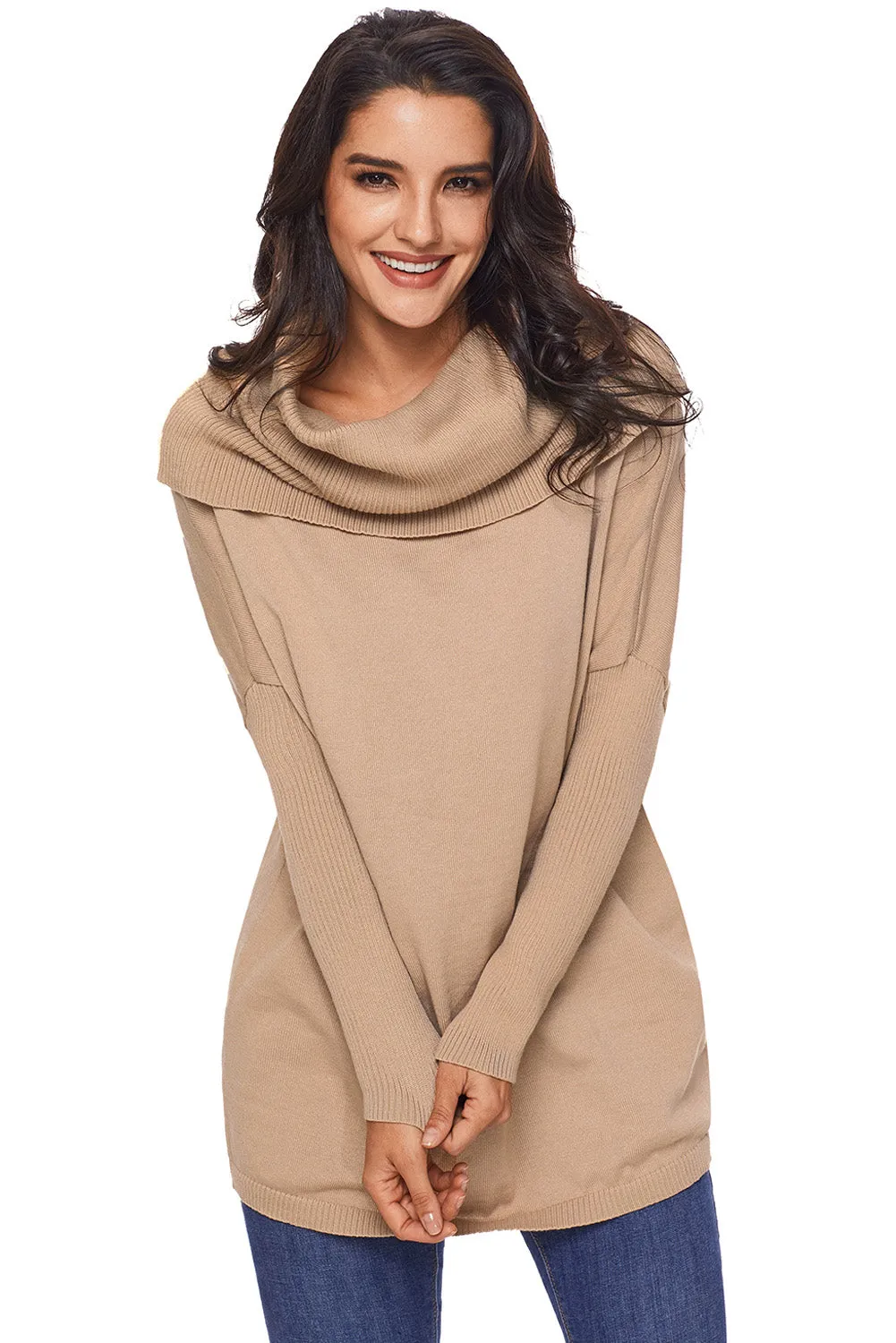 Sexy Khaki Cozy Cowl Neck Long Sleeve Sweater