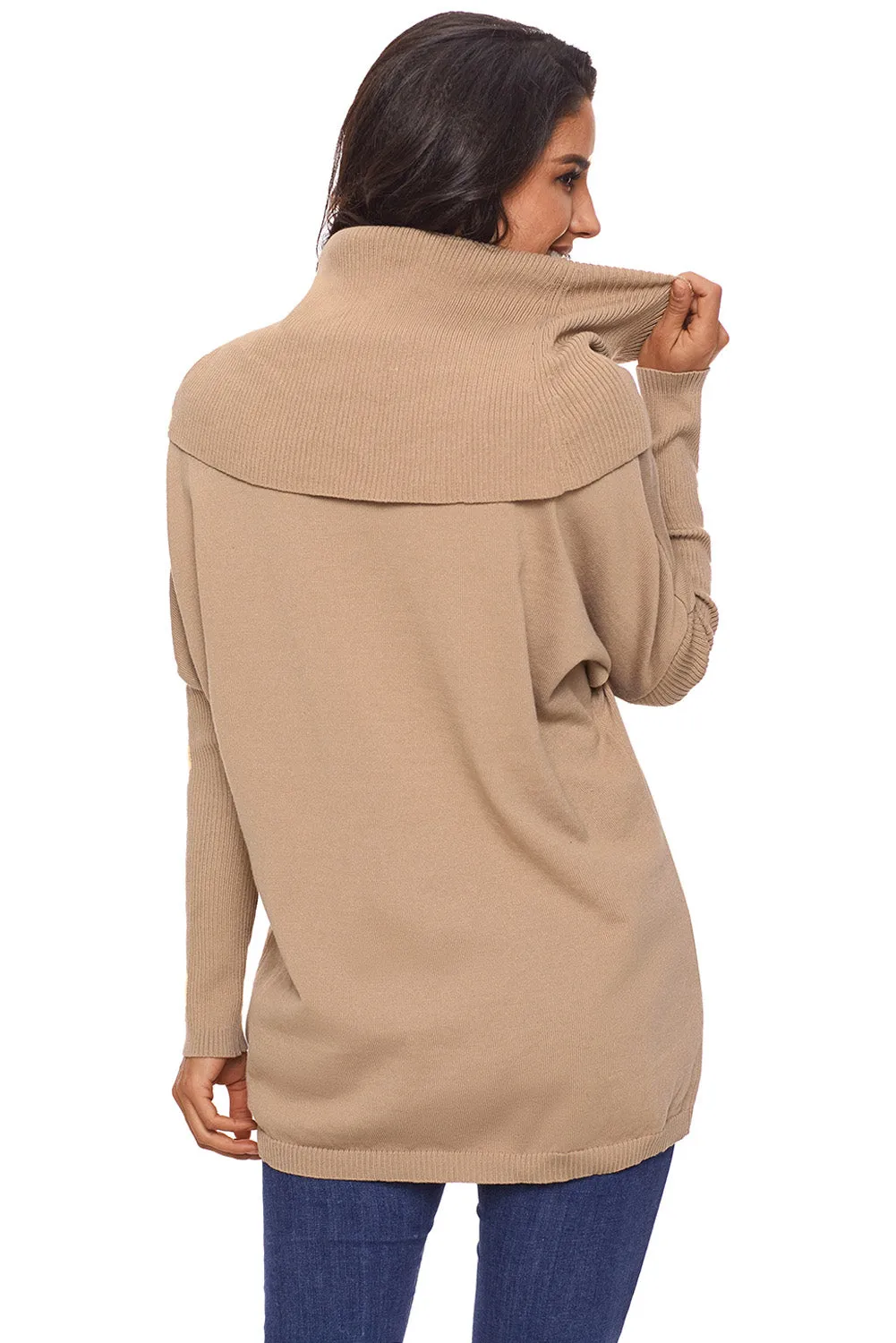 Sexy Khaki Cozy Cowl Neck Long Sleeve Sweater