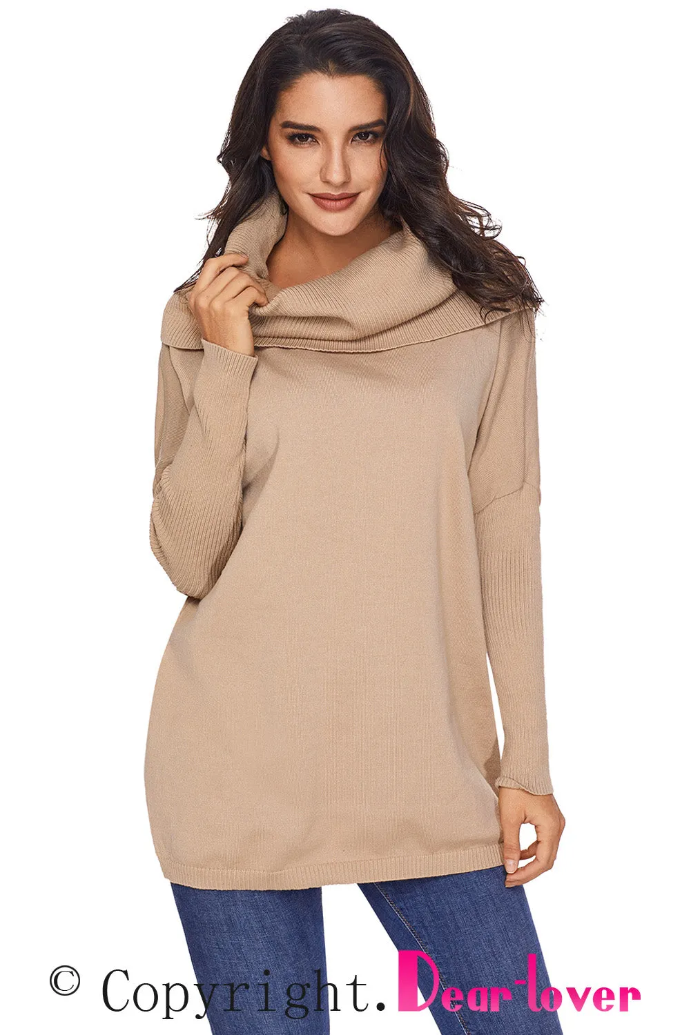 Sexy Khaki Cozy Cowl Neck Long Sleeve Sweater