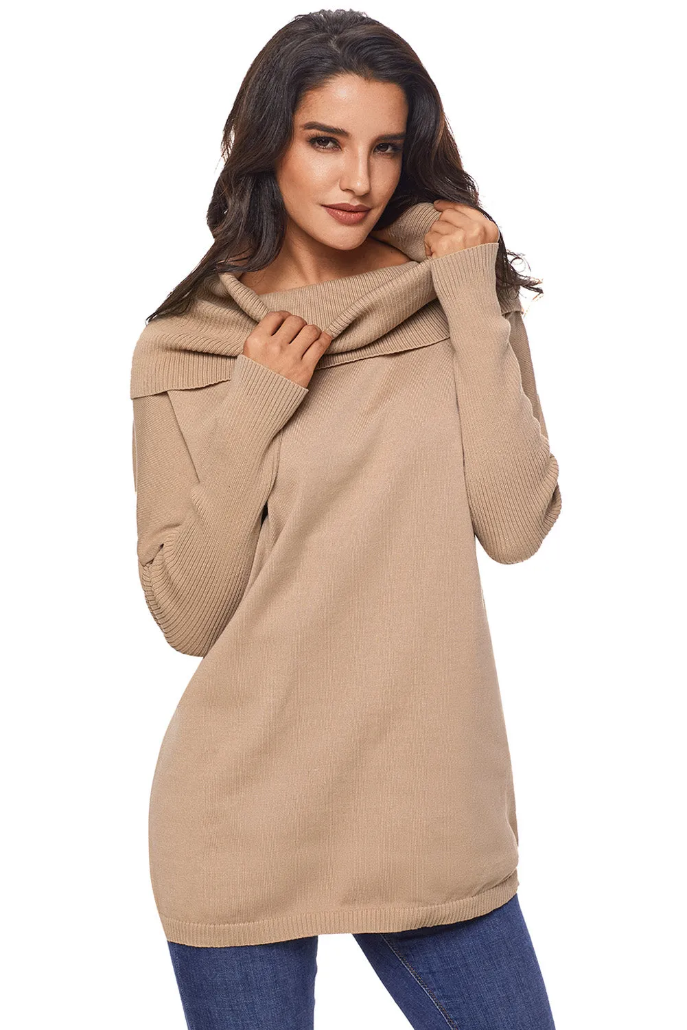 Sexy Khaki Cozy Cowl Neck Long Sleeve Sweater
