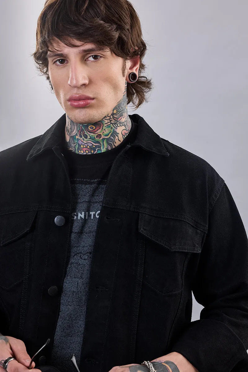 Snitch Revolution Black Cropped Printed Denim Jacket