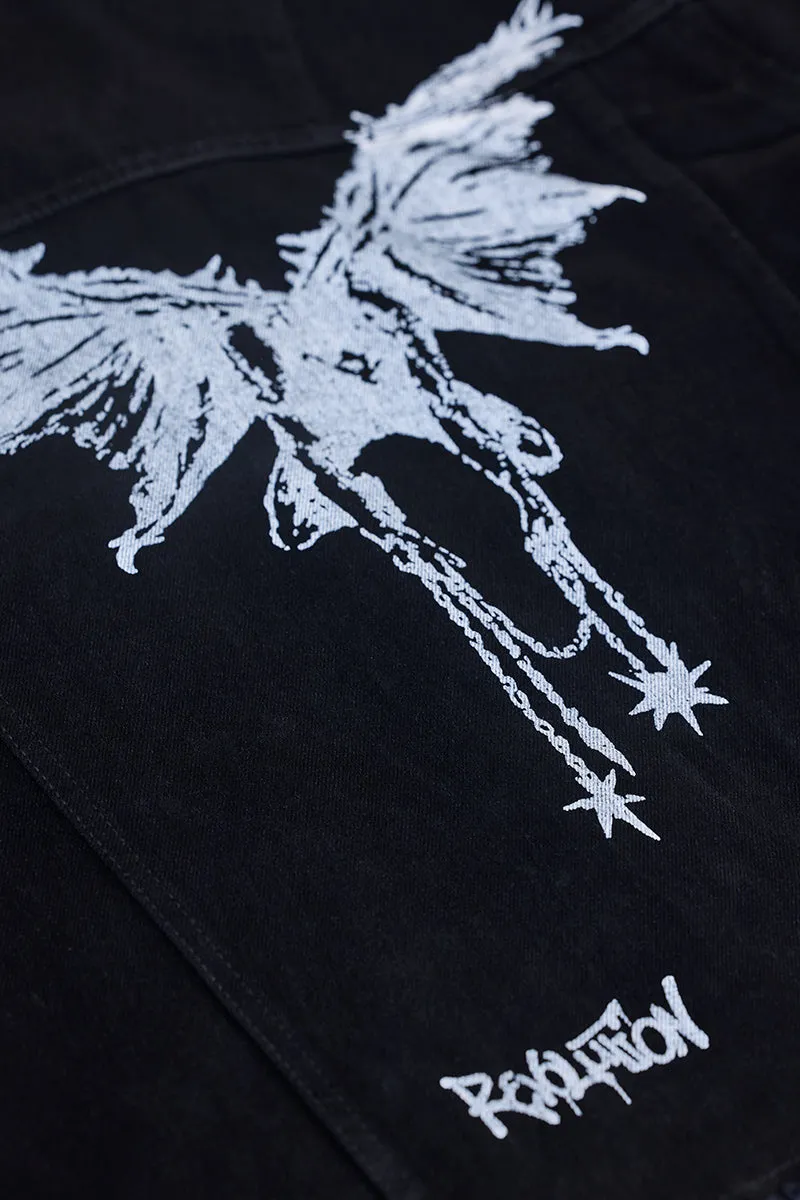 Snitch Revolution Black Cropped Printed Denim Jacket