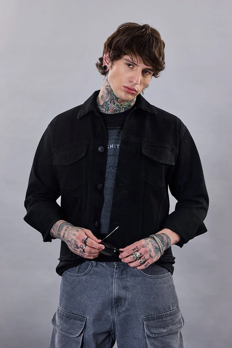 Snitch Revolution Black Cropped Printed Denim Jacket