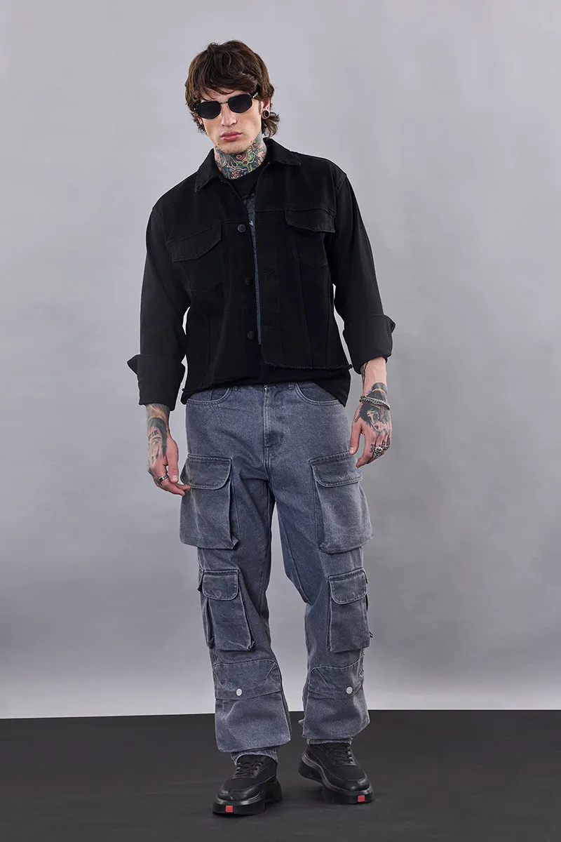 Snitch Revolution Black Cropped Printed Denim Jacket