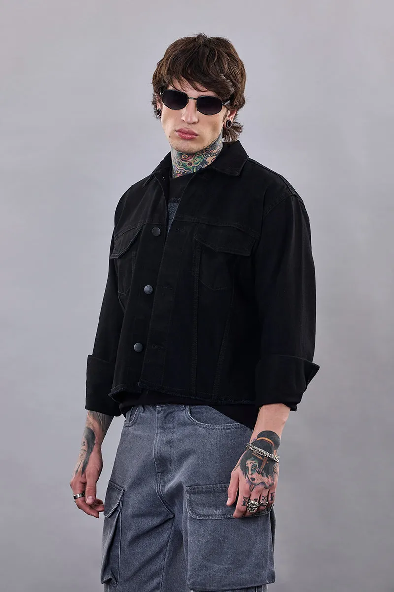 Snitch Revolution Black Cropped Printed Denim Jacket