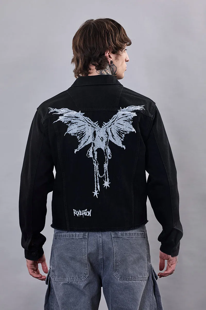 Snitch Revolution Black Cropped Printed Denim Jacket