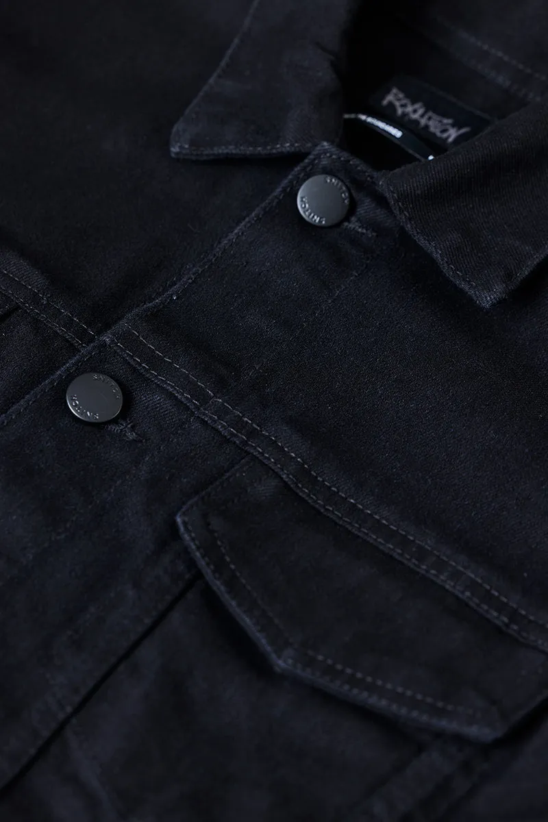 Snitch Revolution Black Cropped Printed Denim Jacket