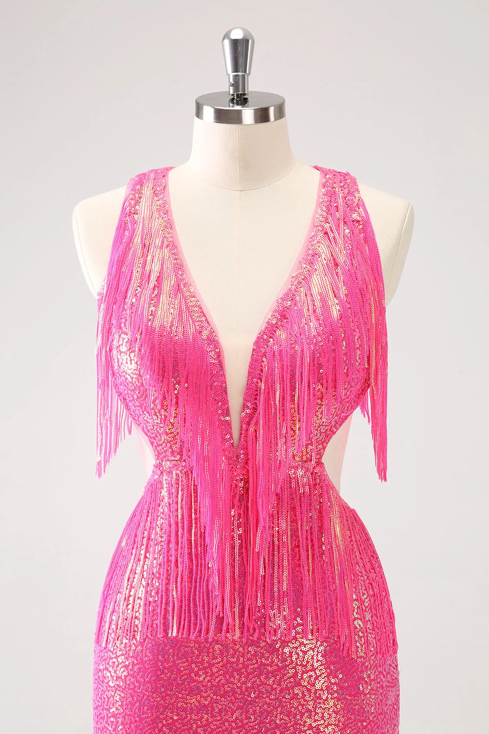 Sparkly Fuchsia V-Neck Backless Tight Mini Dress with Tassel